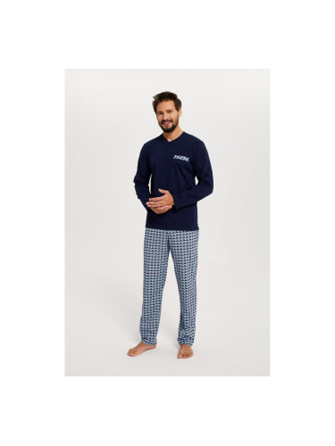 Men's pyjamas Jaromir, long sleeves, long pants - navy blue/print