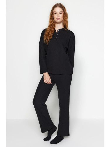 Trendyol Black Cotton Button Detailed Textured Knitted Pajamas Set