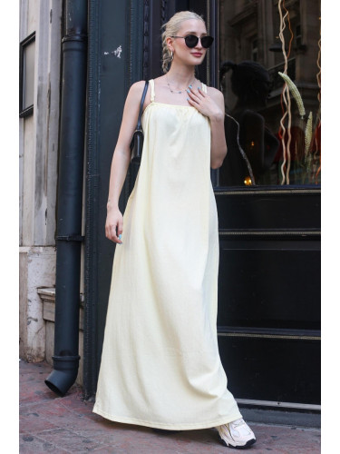 Madmext Long Loose Yellow Crepe Dress With Straps