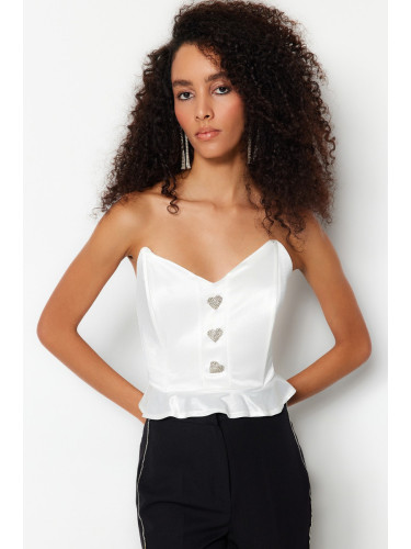 Trendyol Ecru Crop Lined Knitted Accessories Flounce Satin Bridal Blouse