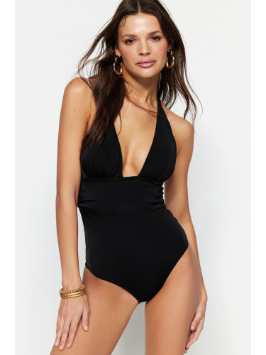 Trendyol черен дълбоко деколте драпирани редовни крака бански