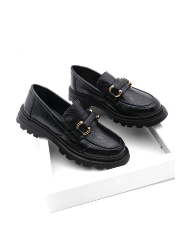 Marjin Women's Loafers High Sole Buckle Casual Shoes Kinles Black Snake