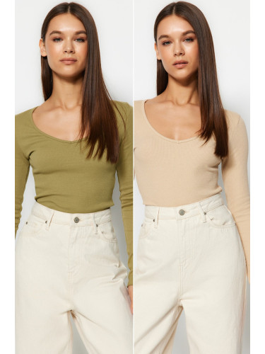 Trendyol 2-Pack Khaki-Beige V-Neck Fitted Cotton Stretch Knit Blouse