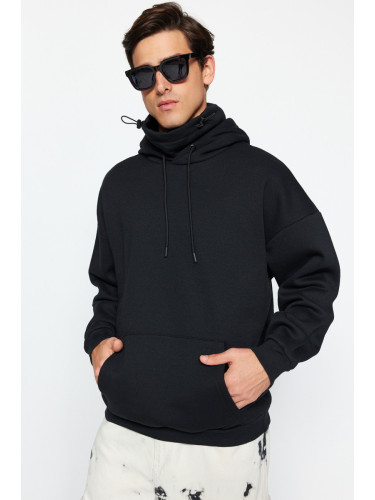 Trendyol Black Oversize/Wide Cut Hooded Collar Detail Plain Sweatshirt