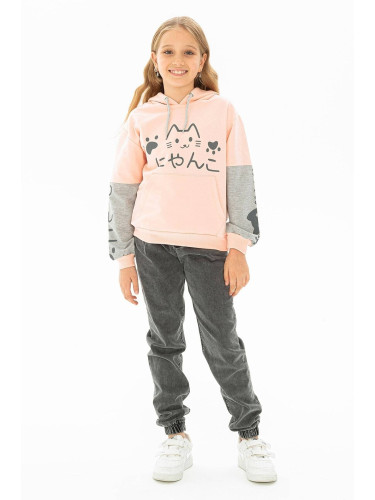 zepkids Girls' Cat Printed Kangaroo Pocket Sweatshirt.