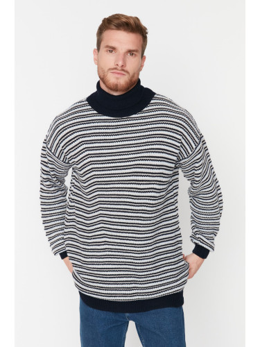 Trendyol Navy Blue Oversize Fit Turtleneck Striped Knitwear Sweater