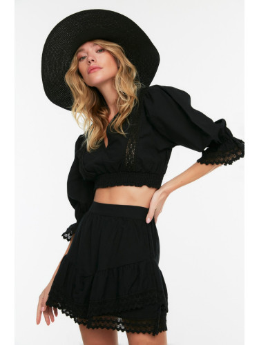 Trendyol Black Lace Detailed Ruffled Voile Beach Bottom and Top Set