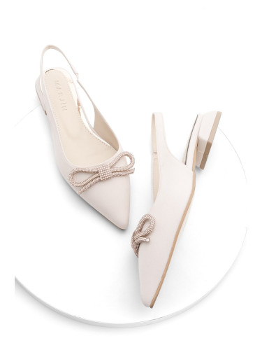 Marjin Women's Pointed Toe Open Back Flats with Bowknot and Buckle Parker Beige.