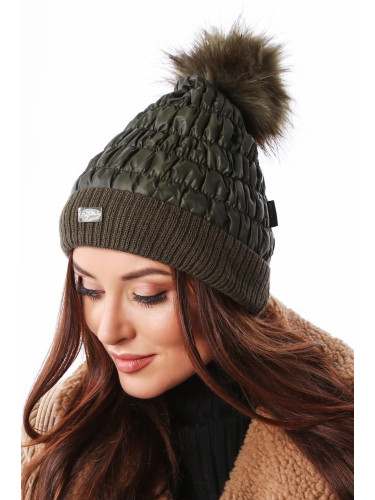 Winter hat made of nylon with a pompom, dark green