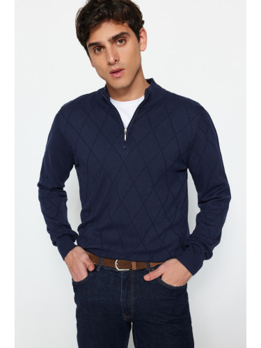 Trendyol Navy Blue Slim Fit Cotton Half Turtleneck Zippered Collar Smart Knitwear Sweater