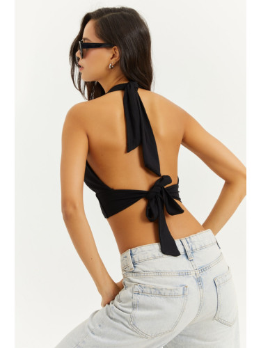 Cool & Sexy Women's Black Tied Back And Neck Blouse