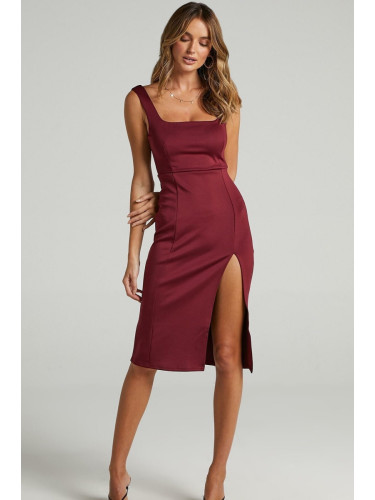 Madmext Claret Red with Straps and a Slit Detailed Midi Dress