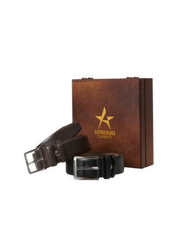 ALTINYILDIZ CLASSICS Men's Black-brown Special Wooden Gift Boxed 2-Piece Casual Belt Set Groom's Pack
