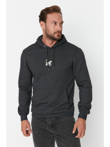 Trendyol Anthracite Regular/Normal Cut Hooded Oversleeve Embroidered Sweatshirt