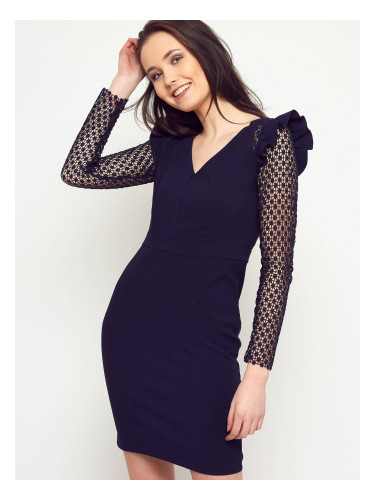 Рокля молив с ажурни ръкави тъмно синьо