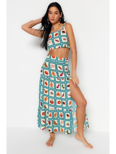 Trendyol Fruit Patterned Woven Slit Blouse and Skirt Set