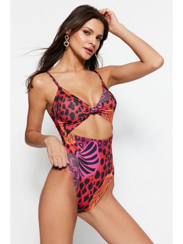 Trendyol животински печат v-образно деколте изрязани/прозорец висок крак бански