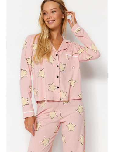 Trendyol Powder 100% Cotton Star Patterned Knitted Pajama Set