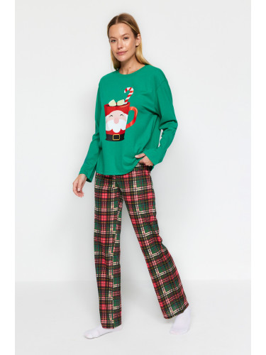 Trendyol Green 100% Cotton Christmas Themed Knitted Pajama Set