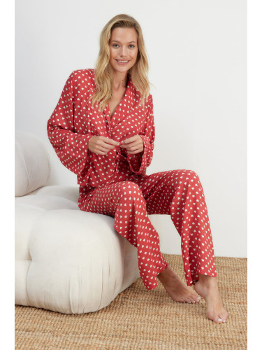 Trendyol Pale Pink Heart Pattern Tie Detailed Viscose Woven Pajamas Set