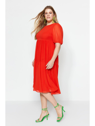 Trendyol крива червено тъкани шифон рокля с балон ръкави
