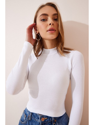 Happiness İstanbul Women's White Ribbed Turtleneck Crop Knitted Blouse