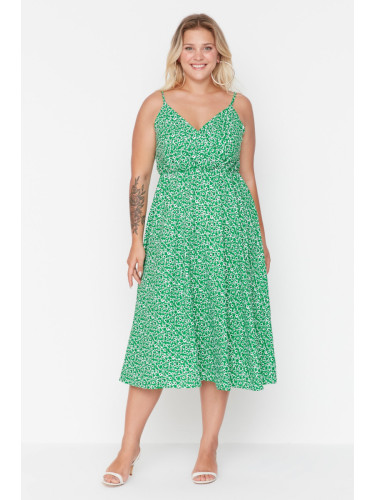 Trendyol крива зелен A-линия трикотажни двойно гърди яка флорални печат рокля