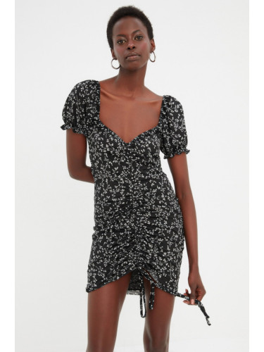 Trendyol черен печатни скъпа врата плисирана къс ръкав трикотажни мини рокля