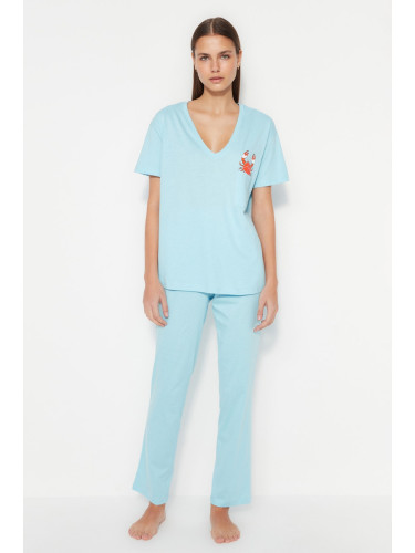 Trendyol Light Blue 100% Cotton Wide Fit T-shirt-Pants with Pockets Printed Knitted Pajamas Set