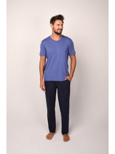 Men's Pyjamas Dallas, Short Sleeves, Long Pants - Blue/Navy Blue