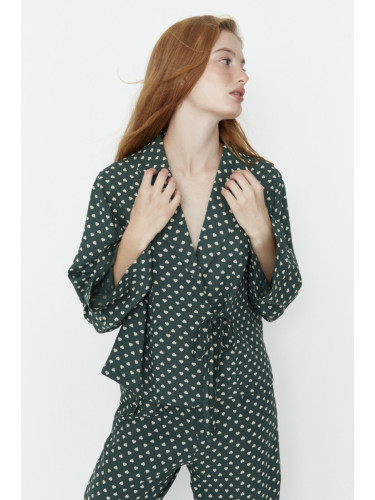 Trendyol Green Heart Pattern Viscose Woven Pajamas Set with Lace-Up Detail