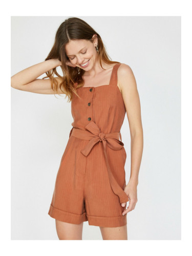 Koton Women's Brown Strap Button Detailed Jumpsuit with Waist Tie and Pocket Detail