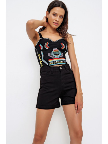 Trend Alaçatı Stili Women's Black Double Leg High Waist Denim Shorts