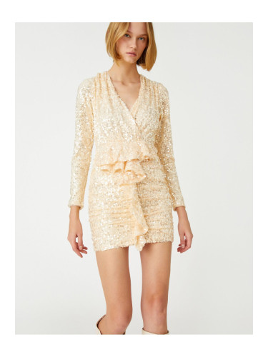 Koton Sequined Ruffles Мини вечерна рокля с дълъг ръкав