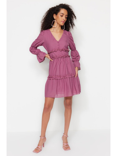 Trendyol бледо розово талията отваряне мини тъкани облицовани плат функция накъдрен тъкани рокля