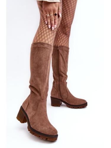 Women's over-the-knee boots with low heels, brown Beveta