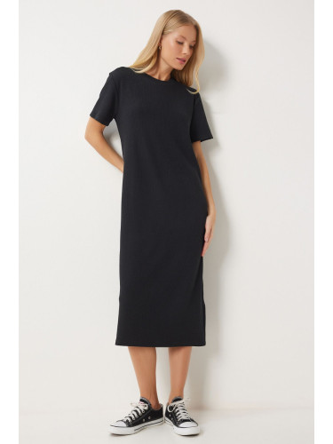 Щастие İstanbul Дамска черна широка дълга ежедневна лятна плетена рокля