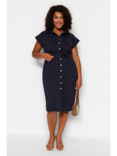 Trendyol крива флот синьо колан тъкани риза рокля