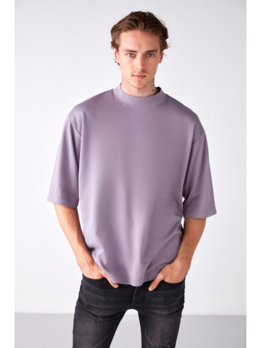 GRIMELANGE Men's Ascolı Oversize Fit Special Thick Textured Fabric High Collar Lilac T-shirt
