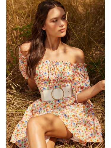 Trendyol многоцветен талията отворен мини тъкани облицовани накъдрен цветен модел тъкани рокля