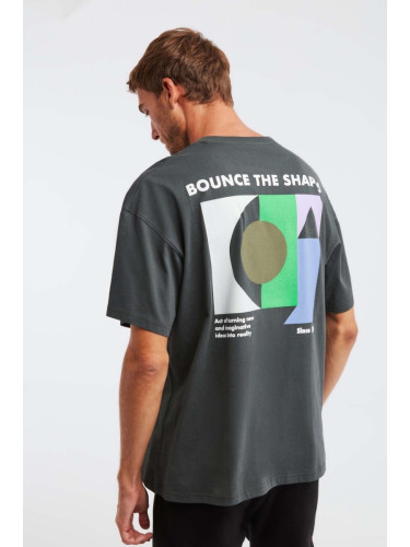 GRIMELANGE Millennial Men's Oversize Fit 100% Cotton Thick Textured Printed Gray T-shirt