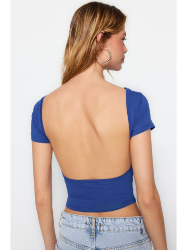 Trendyol Sax Backless Crop Cotton Stretchy Knitted Blouse