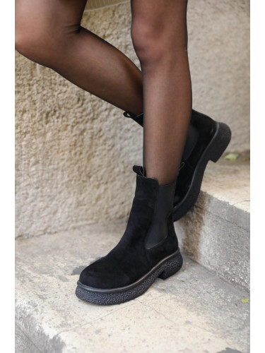 Madamra Black Women's Suede Boots with Rubber Detail Flat sole.