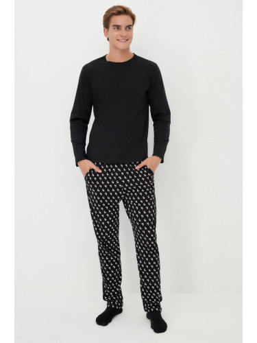 Trendyol Black Regular Fit Printed Knitted 100% Cotton Pajama Set