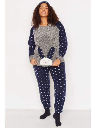 Trendyol Curve Navy Blue Heart Polar Fleece Knitted Pajama Set