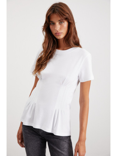 GRIMELANGE Jessia Women's Crew Neck 100% Cotton Corset Detailed White T-shirt