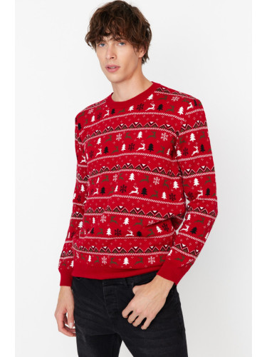 Trendyol Men's Red Regular Fit Crew Neck Christmas Jacquard Knitwear Sweater