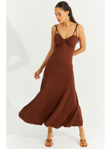Cool & Sexy Women's Brown Front Knotted Double Strap Midi Dress