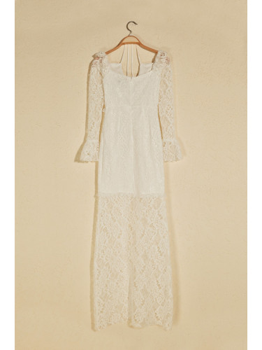 Trendyol Ekru Drape Подробна дантелена вечерна рокля