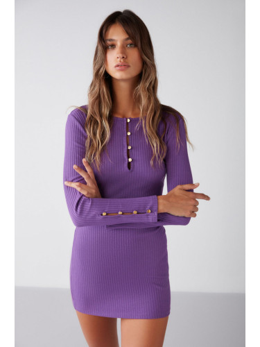 GRIMELANGE Cutie Women's Ribbed Stretch Fabric Bodycon Fit Metal Button Mini Dress